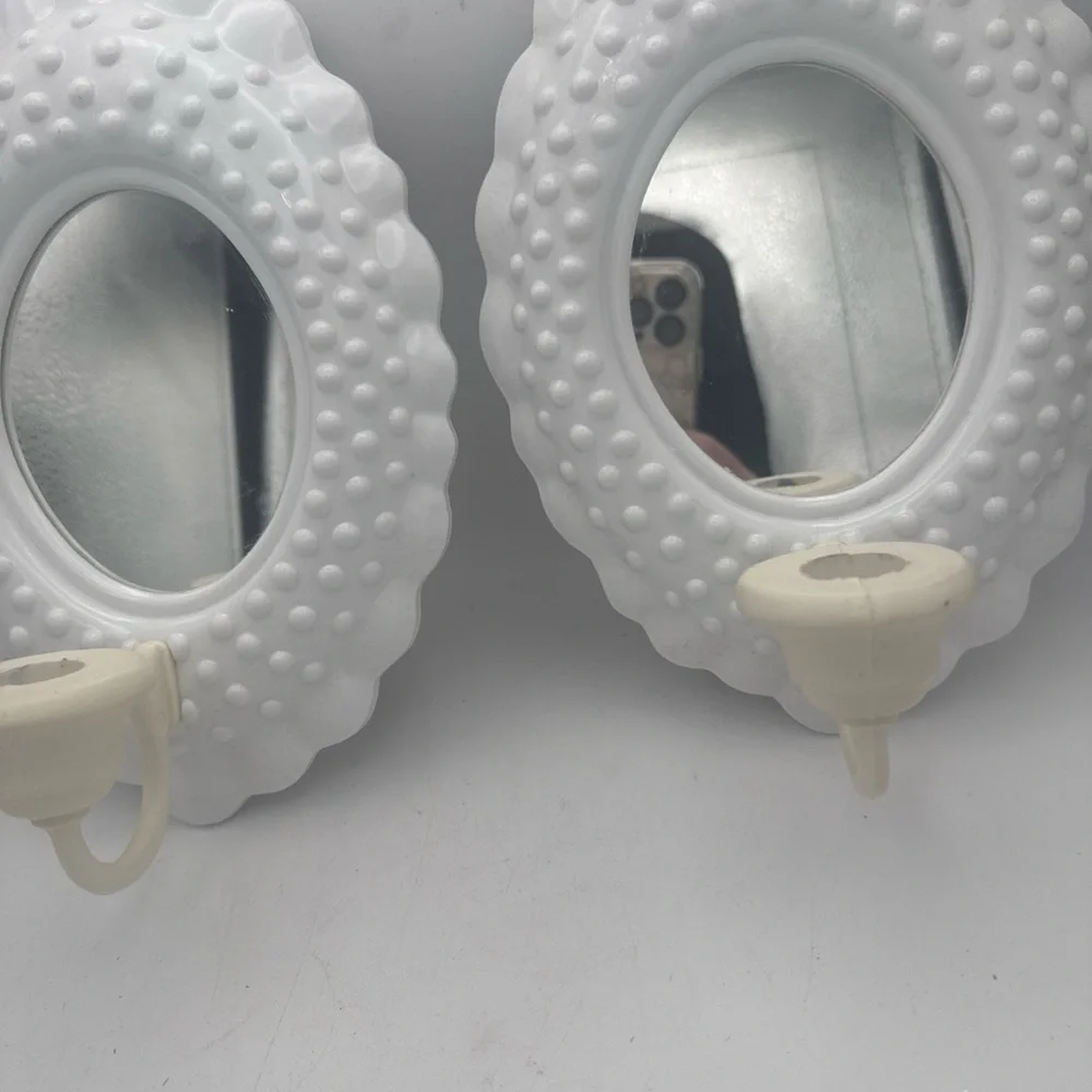 2 VTG 1985 Burwood White Plastic Hobnail Mirrored candle wall Sconces 10x7”
